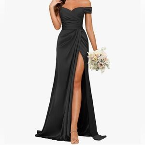 Black Satin Off the Shoulder Dress with Slit & Ruching with Corset Back